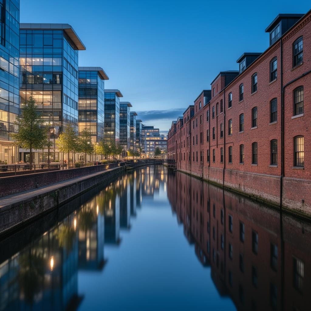 Birmingham canalside at Brindleyplace at blue hour