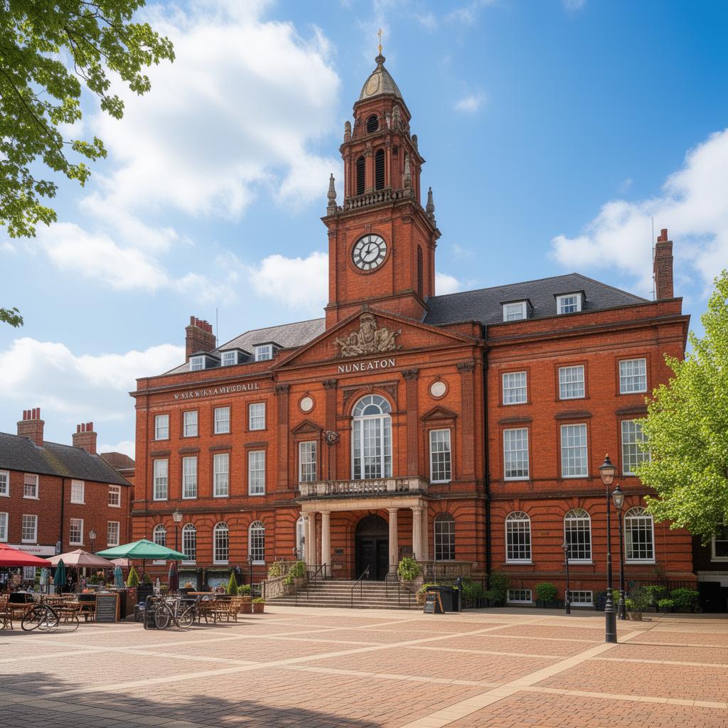 Nuneaton town hall and market square clock tower, Warwickshire