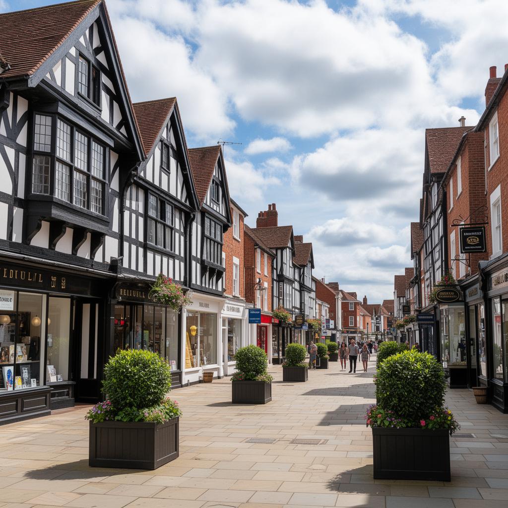 Solihull town centre high street with Tudor half-timbered buildings