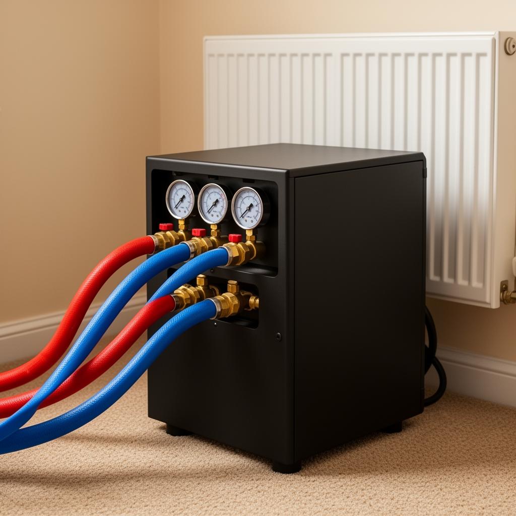 Central heating power flushing machine connected to a radiator with red and blue flush hoses