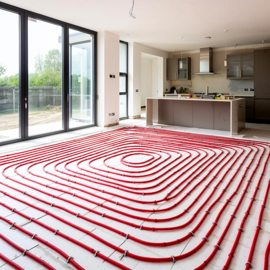 Wet underfloor heating pipework laid in serpentine pattern across an open-plan kitchen, ready for screed
