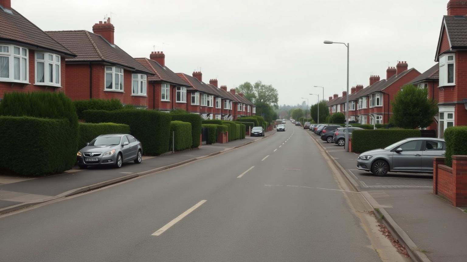 Residential street of 1930s bay-fronted semi-detached houses in Wyken, Coventry CV2